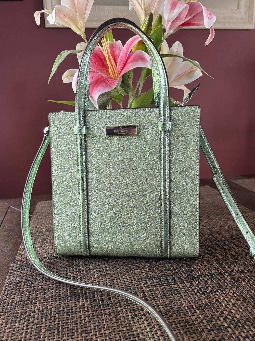 kate spade Metallic Green Glitter Structured Satchel